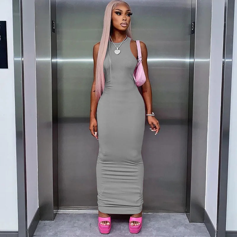 Hugcitar Ribbed Y2K Sleeveless Bodycon Maxi Dress