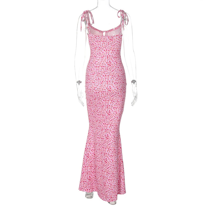 Floral Sleeveless Backless Lace Up Bodycon Maxi