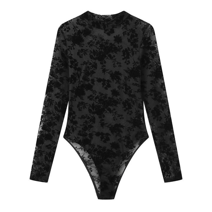 Stylish Black Floral Mesh Bodysuit With Long Sleeve For Women
