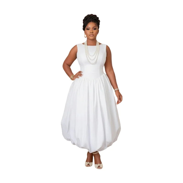 Elegant Sleeveless Round Midi Dress For Wedding Guests