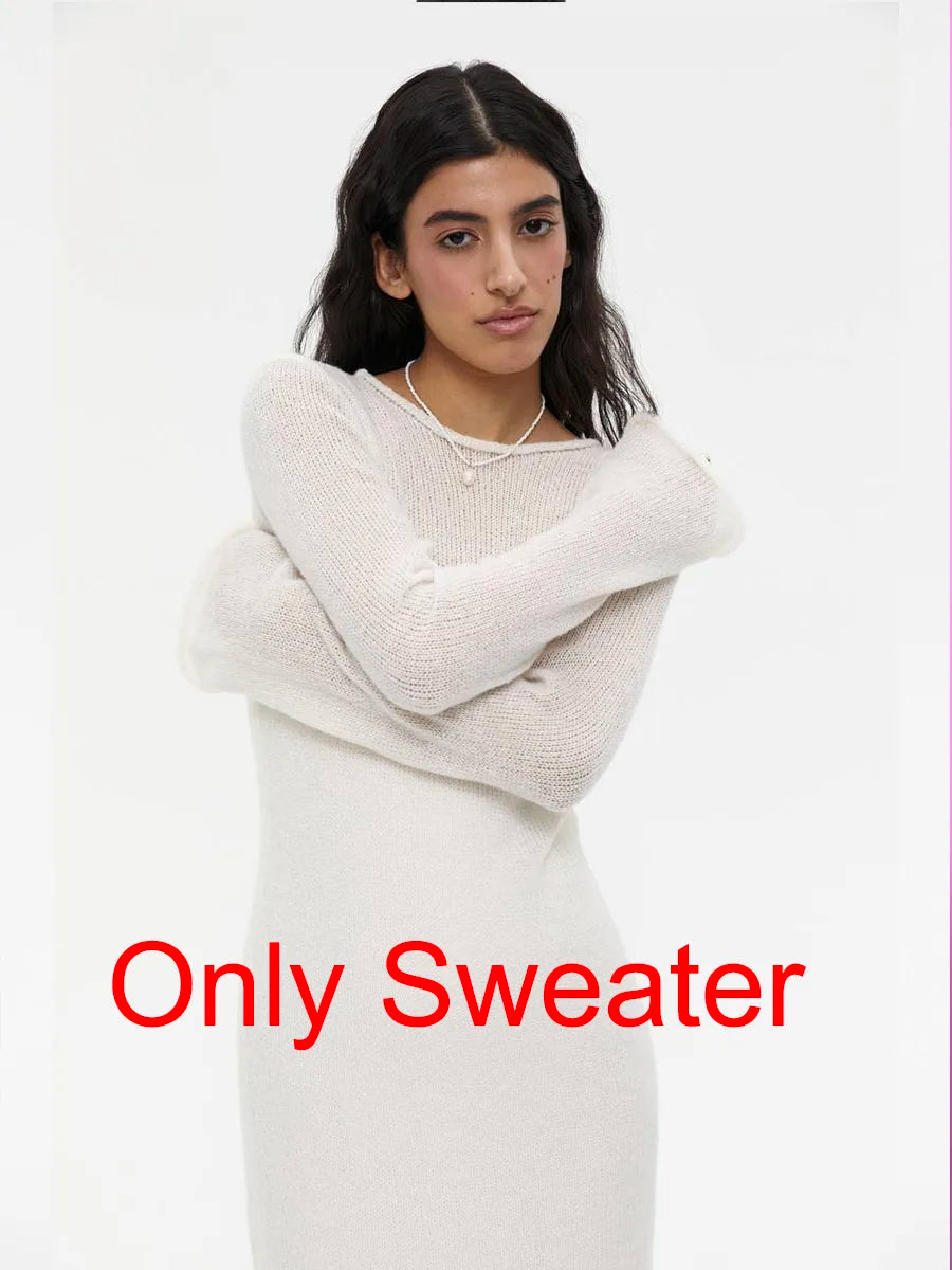 Elegant Elastic Knit Long Dress For Women Soft Chic O-Neck Sweater
