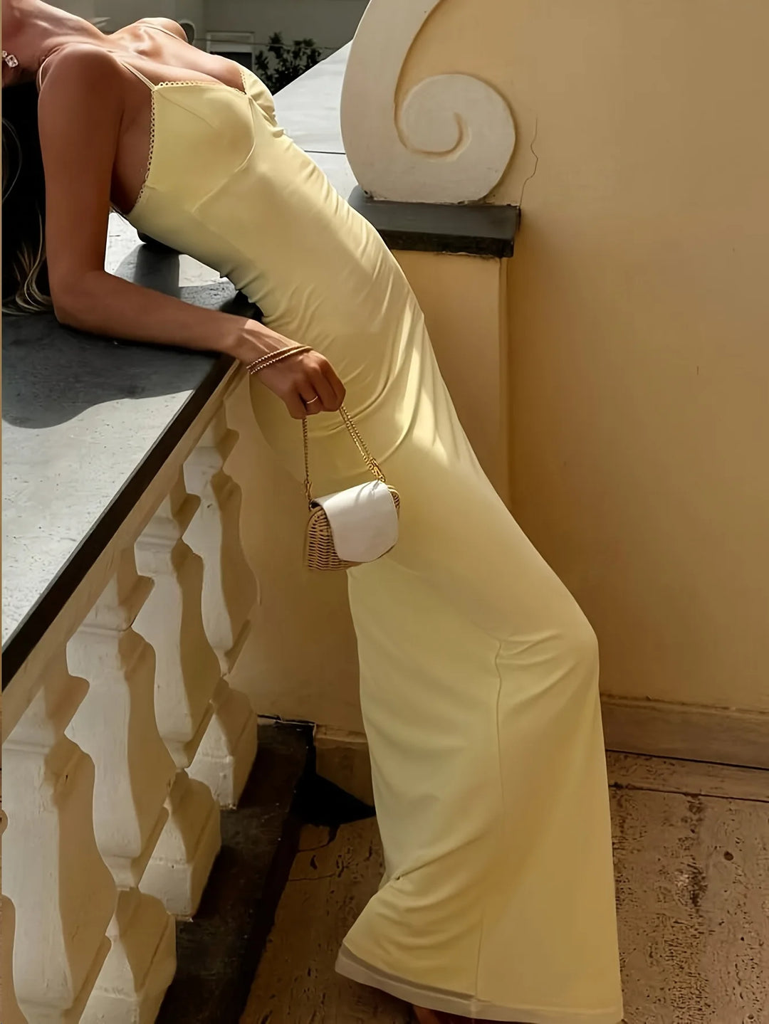 Elegant Yellow V Neck Backless Summer Dress