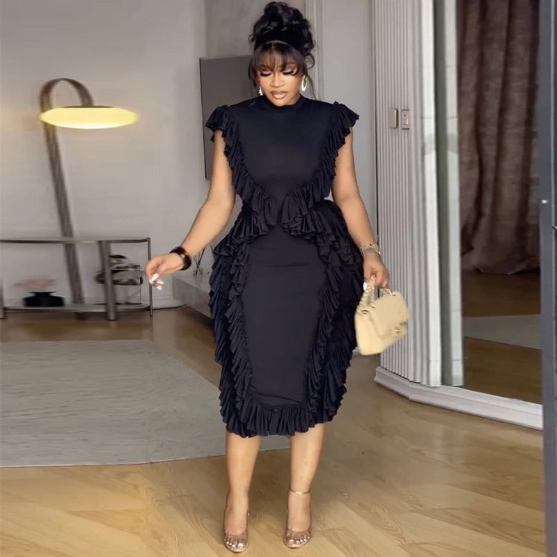 Elegant Women Summer Ruffles Bodycon Midi Dress