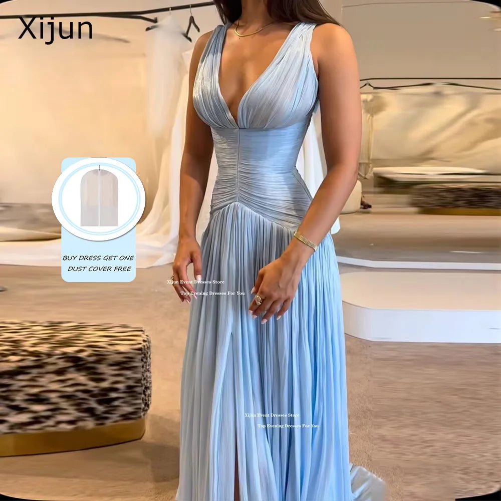 Luxurious Blue Silk Satin V Neck Long Evening Dress