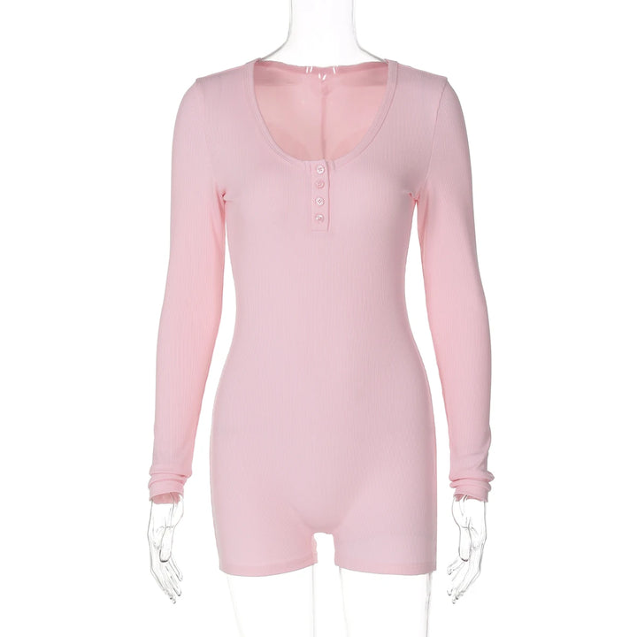 Stylish Ribbed Knit Bodycon Playsuit With Buttons