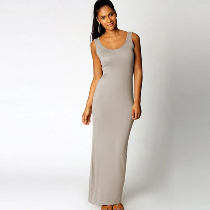 Women Sleeveless Maxi Bodycon Dress Solid Color