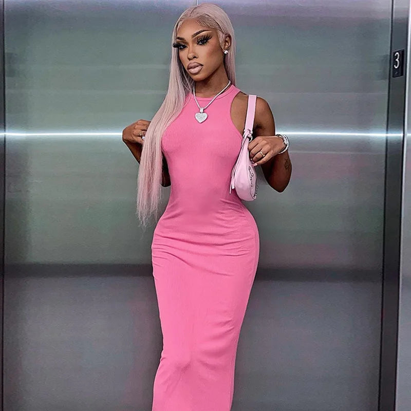Luxury Architectural Ribbed Sleeveless Maxi Dress