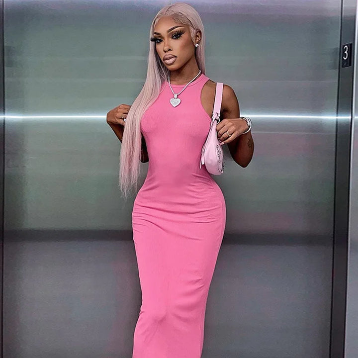 Luxury Architectural Ribbed Sleeveless Maxi Dress