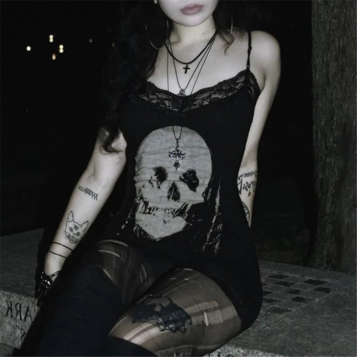 Goth Skull Print Straps Mini Dress Lace Bodycon