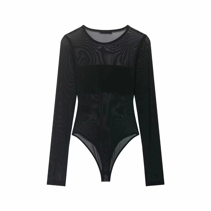 Sexy Mesh Bodysuit Women See Through Neck Jumpsuit