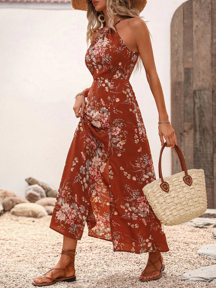 Elegant Tailored Floral Halter Dress For Summer