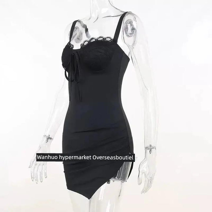 Split Spy Girl Strap Dress V Neck Lace Trim Slim Fit Slit - OurLum.com