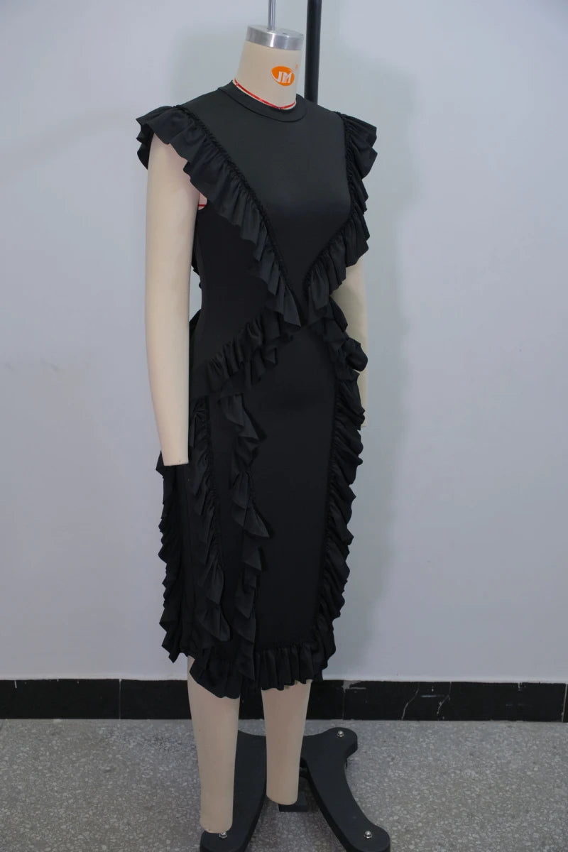 AyLu Signature Vintage Ruffle Slim Midi Dress