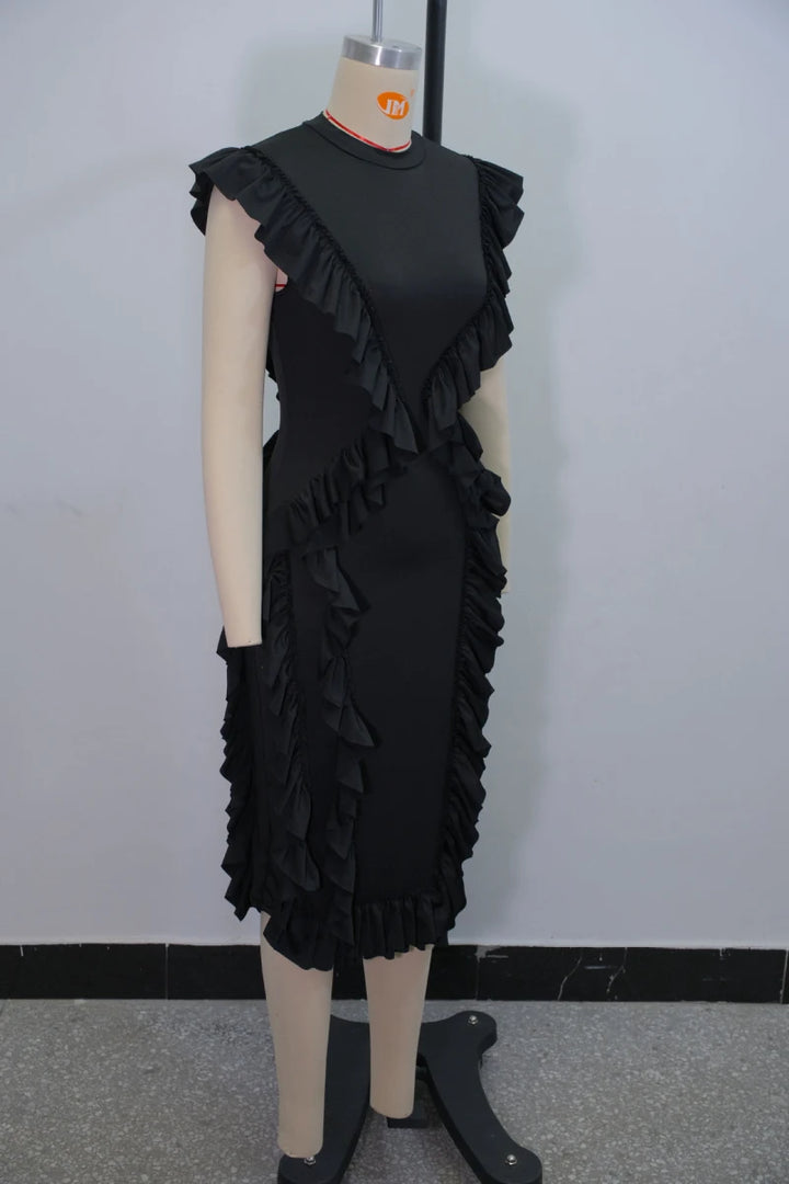 AyLu Signature Vintage Ruffle Slim Midi Dress