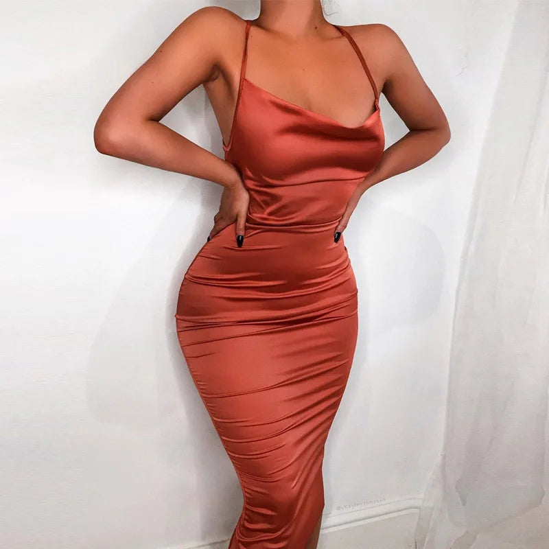 Elegant Satin Lace Midi Gown Exclusive Slim Sheath