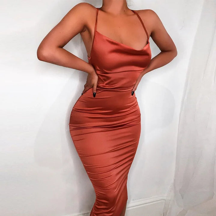 Elegant Satin Lace Midi Gown Exclusive Slim Sheath