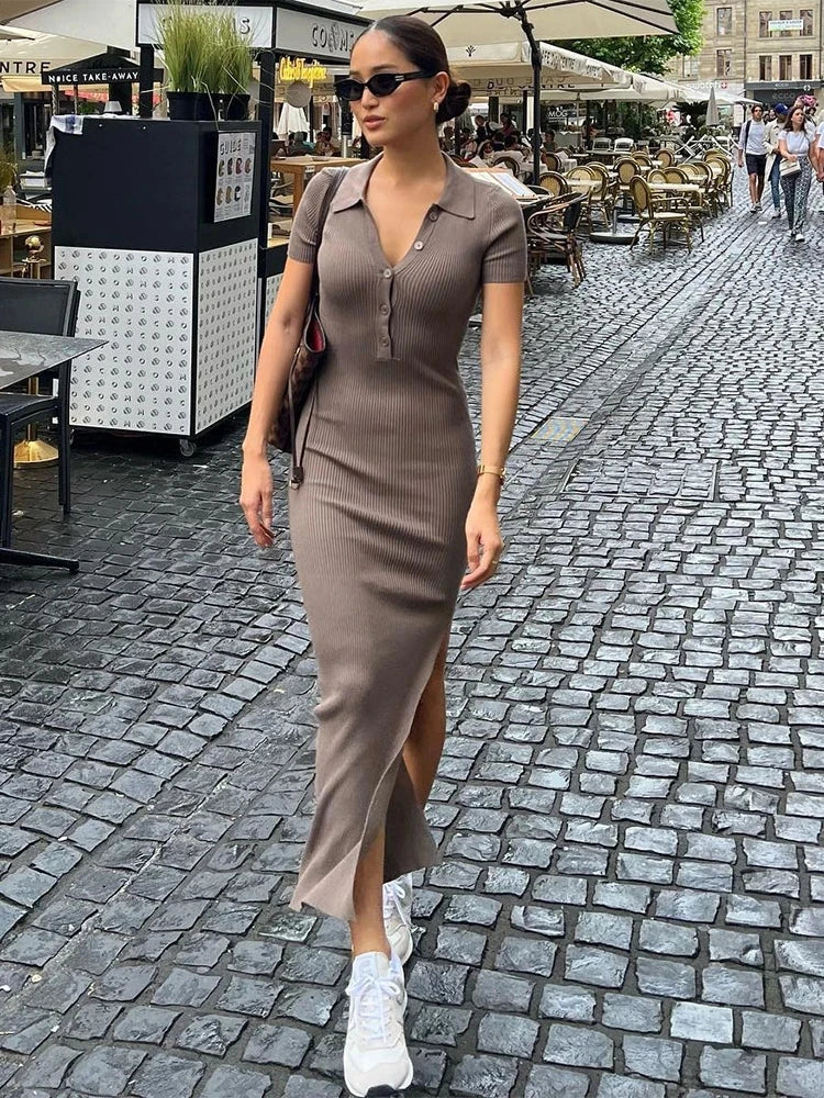 Kliou Elegant Solid Maxi Dress Short Sleeve Body Shaping Office Wear