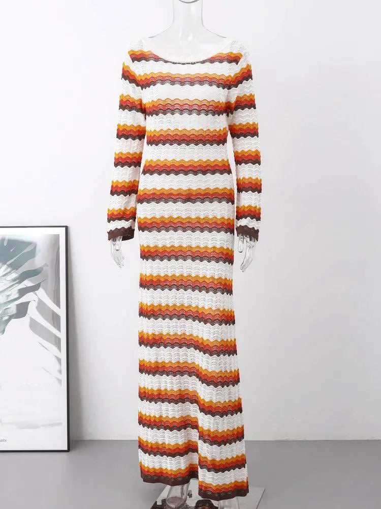 Bohemian Striped Ruffle Sleeve Bodycon Dress For Summer