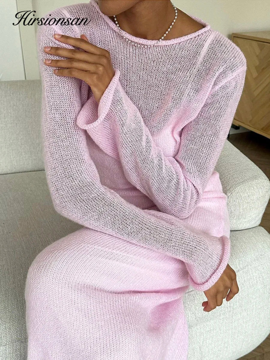 Elegant Elastic Knit Long Dress For Women Soft Chic O-Neck Sweater