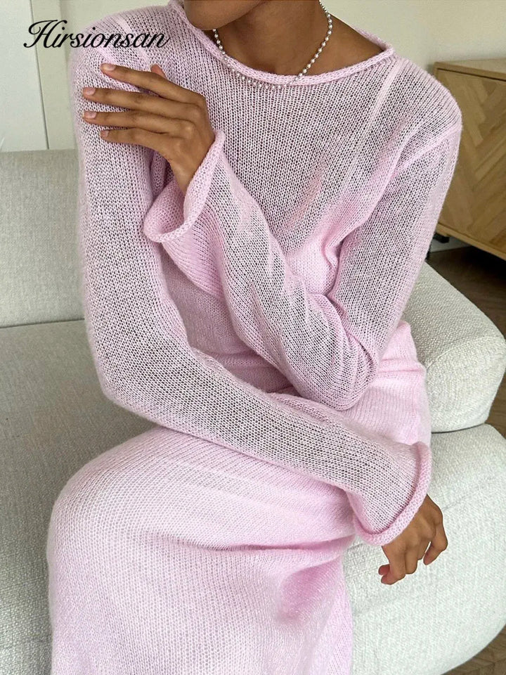 Elegant Elastic Knit Long Dress For Women Soft Chic O-Neck Sweater