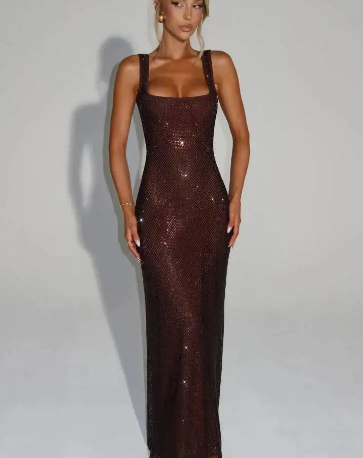 Giyu Sequined Mesh Diamond Backless Maxi Dress