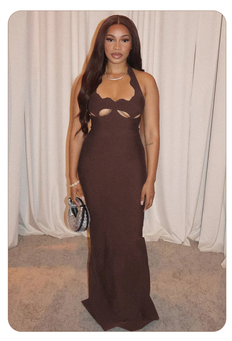 Vj Gachi Elegant Knit Halter Black Evening Gown