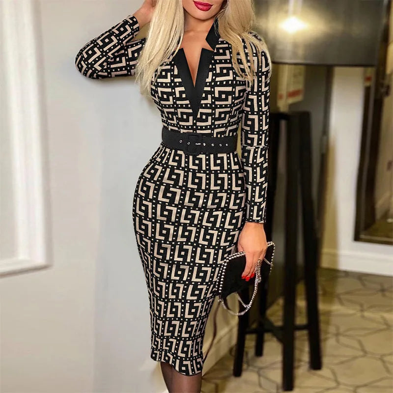 Geometric Pattern V Neck Midi Dress Belt