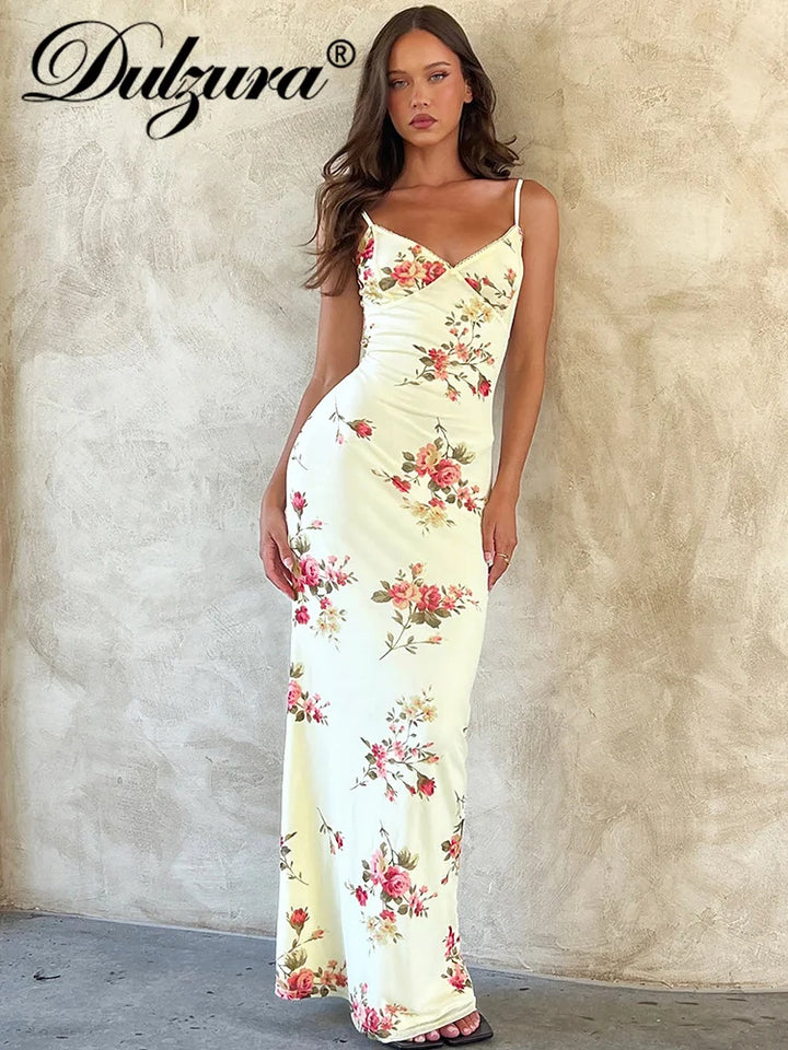 Dulzura Floral Print Y2K Backless Maxi Dress Women