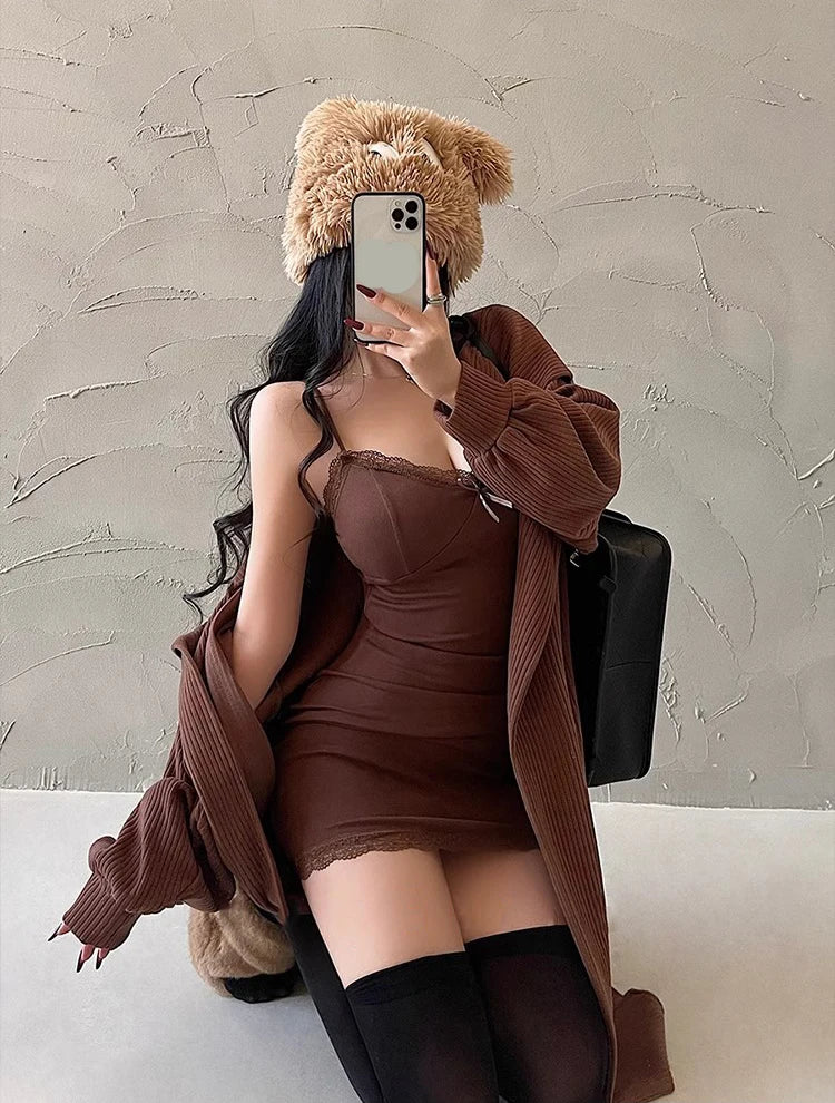 JeYongZoo Black Y2K Lace Bodycon Mini Dress