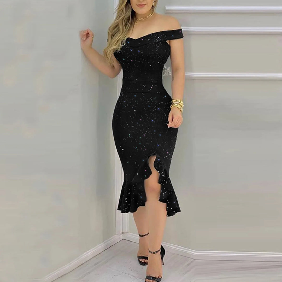 Luxury Glitter Off Shoulder Ruffle Bodycon Dress