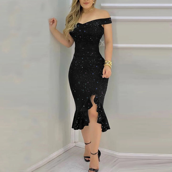 Luxury Glitter Off Shoulder Ruffle Bodycon Dress
