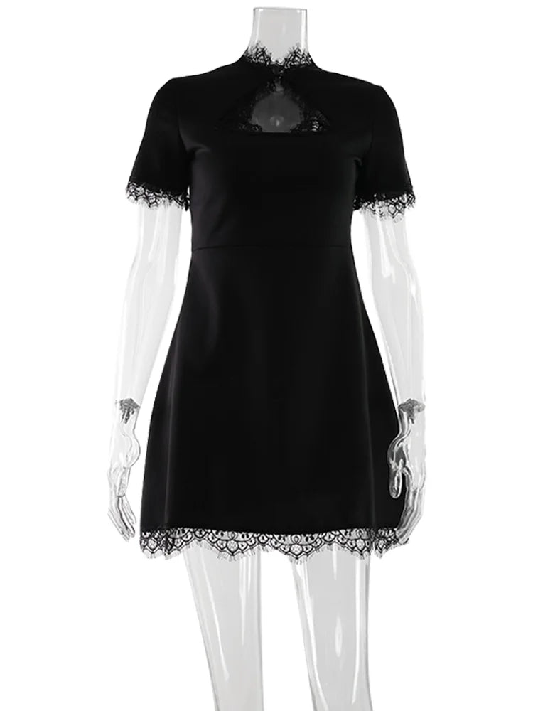 Lace Patchwork Bodycon Mini Dress With High Collar