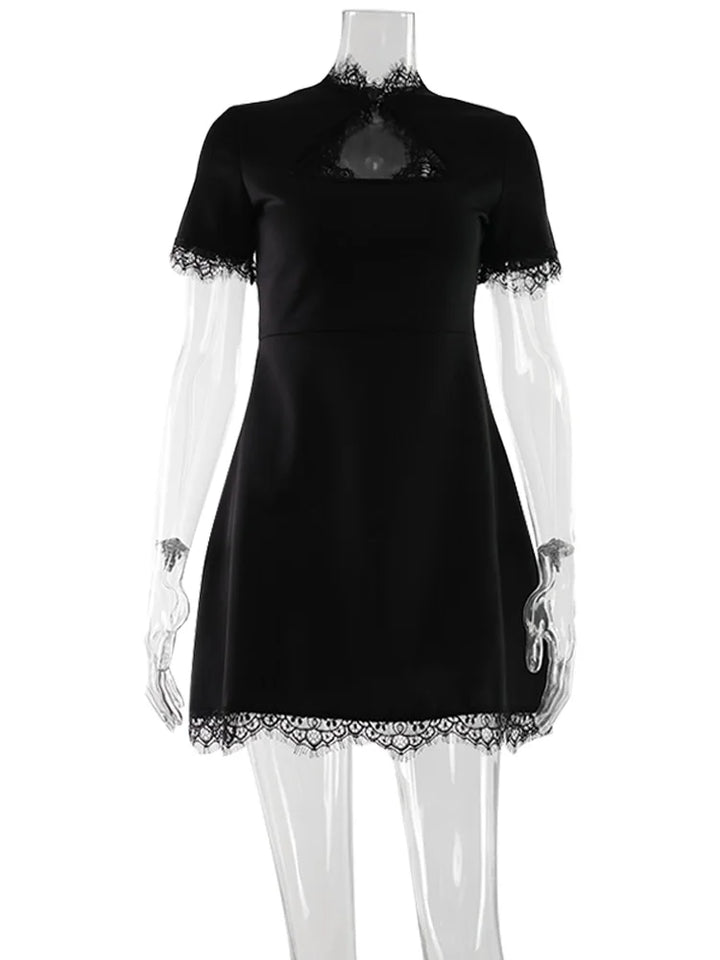 Lace Patchwork Bodycon Mini Dress With High Collar