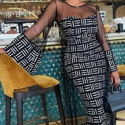 Mesh Flare Sleeve Dress and Bodycon Suit Set Ensemble