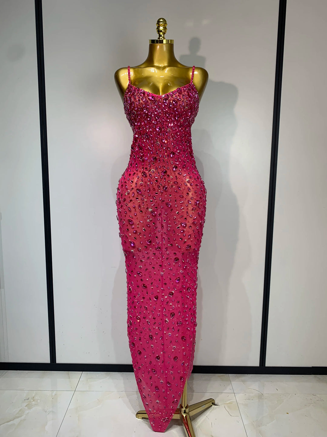 Rhinestone Mesh Bodycon Dress For Women Red Carpet