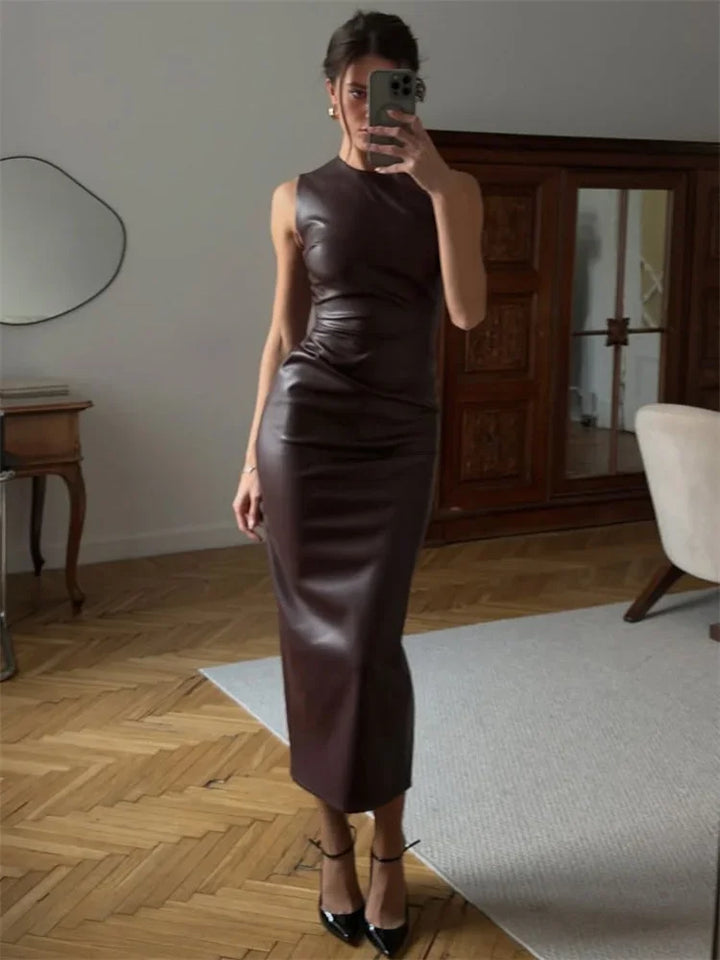 PU Leather Maxi Dress For Women Patchwork Bodycon