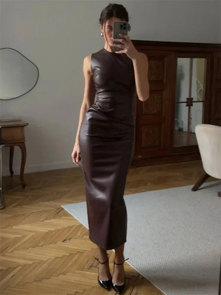 Tossy PU Sexy Fashion Maxi Dress For Women High Waist Sleeveless Slim Patchwork Solid Skinny Streetwear Female Bodycon Dress New