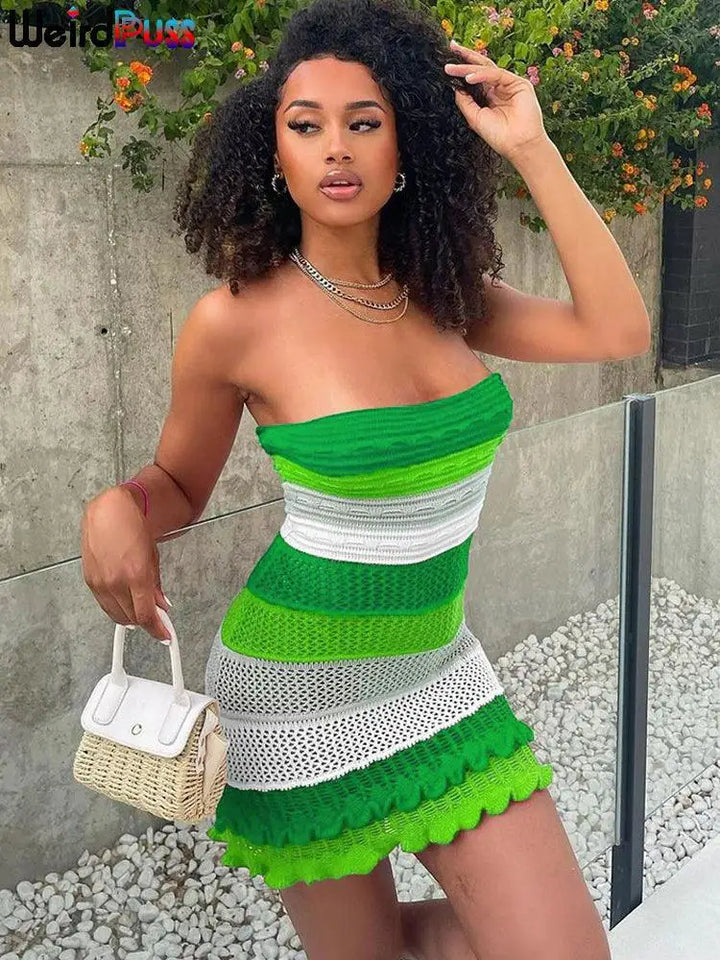 Elegant Striped Ruffles Chic Summer Clubwear Dress