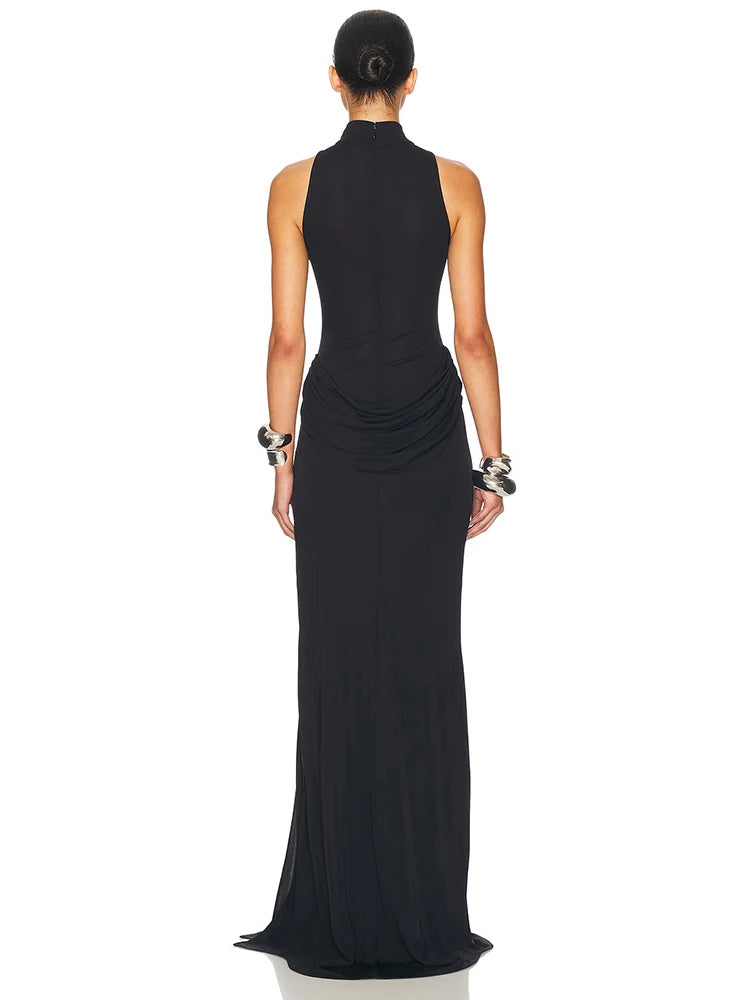 Elegant Turtleneck Off-Shoulder Maxi Dress With Thigh Split