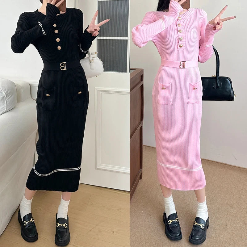 YuooMuoo Women Knitted Belted Dress Bodycon Office