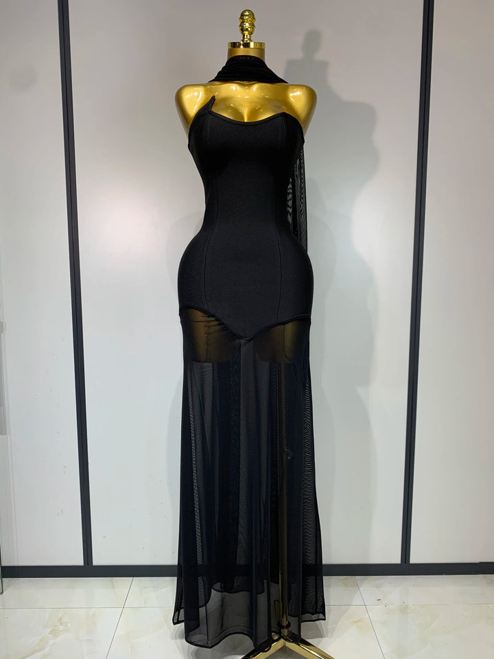 Black Strapless Bandage Dress Mesh Patchwork Gown