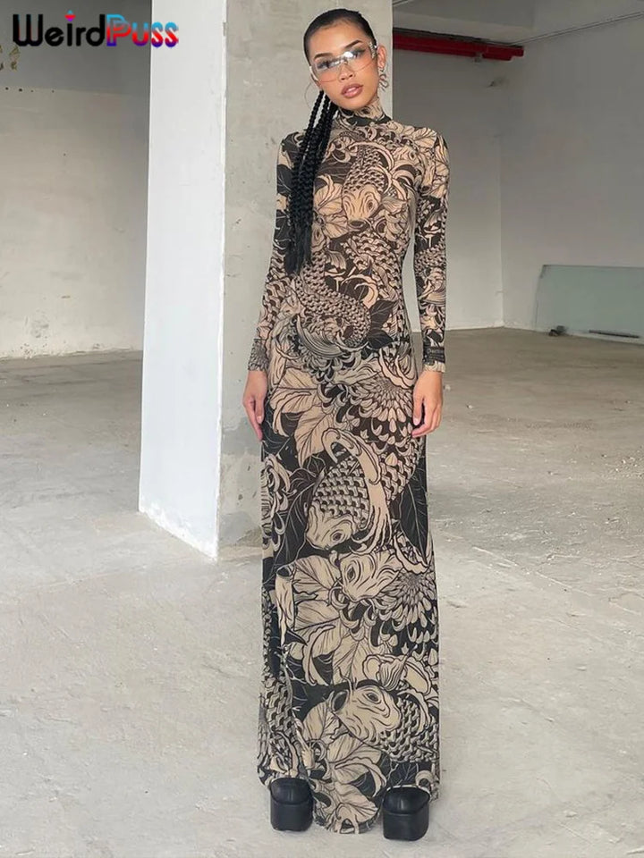 Weird Puss Mesh Print Maxi Dress Turtleneck