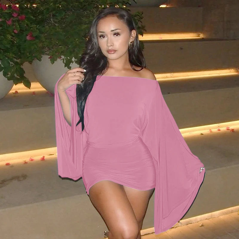 Elegant Ruched Mini Knit Dress With Cloak Sleeves