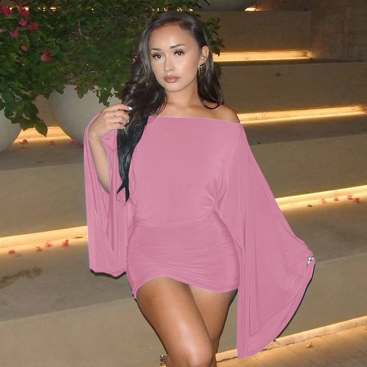 Elegant Ruched Mini Knit Dress With Cloak Sleeves