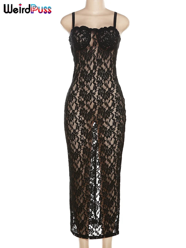 Weird Puss Lace Black Maxi Dress Sheer Bodycon
