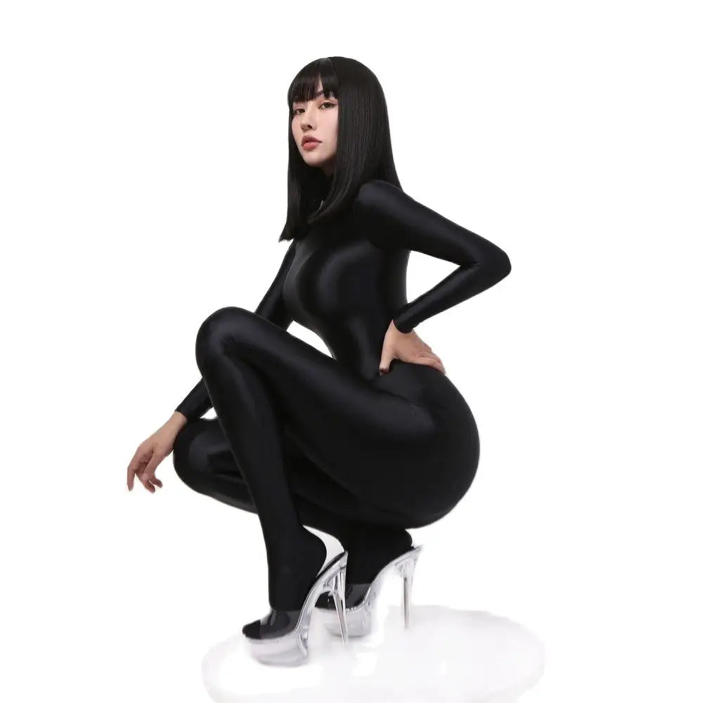 Glossy Longsleeve Elastic Bodysuit Jumpsuit Women