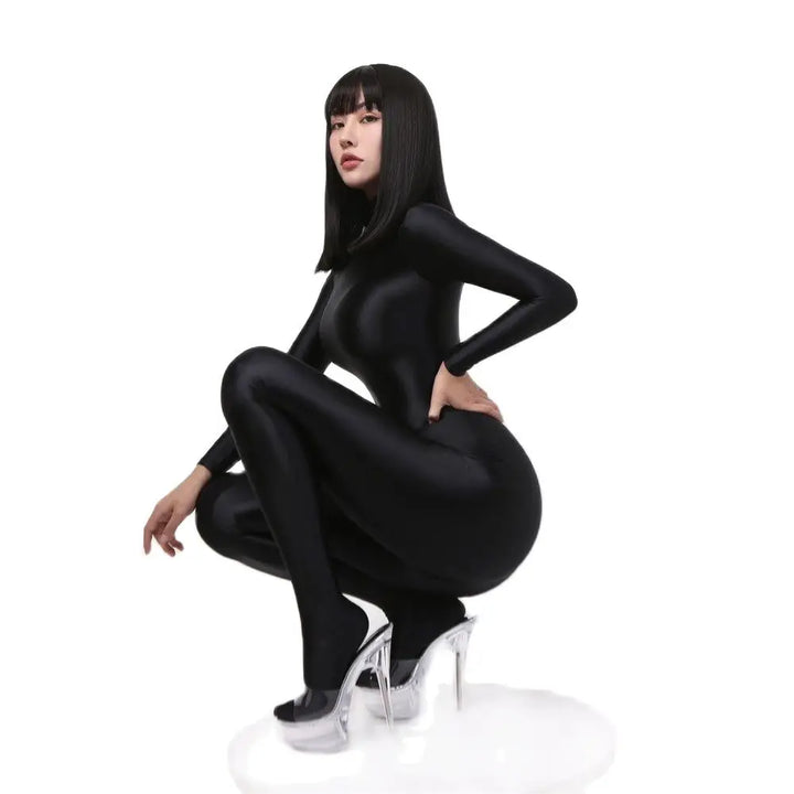 Glossy Longsleeve Elastic Bodysuit Jumpsuit Women