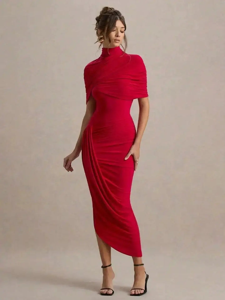 Ruched Bodycon Midi Dress Women Backless Shawl Sleeve Elegant Party Gown