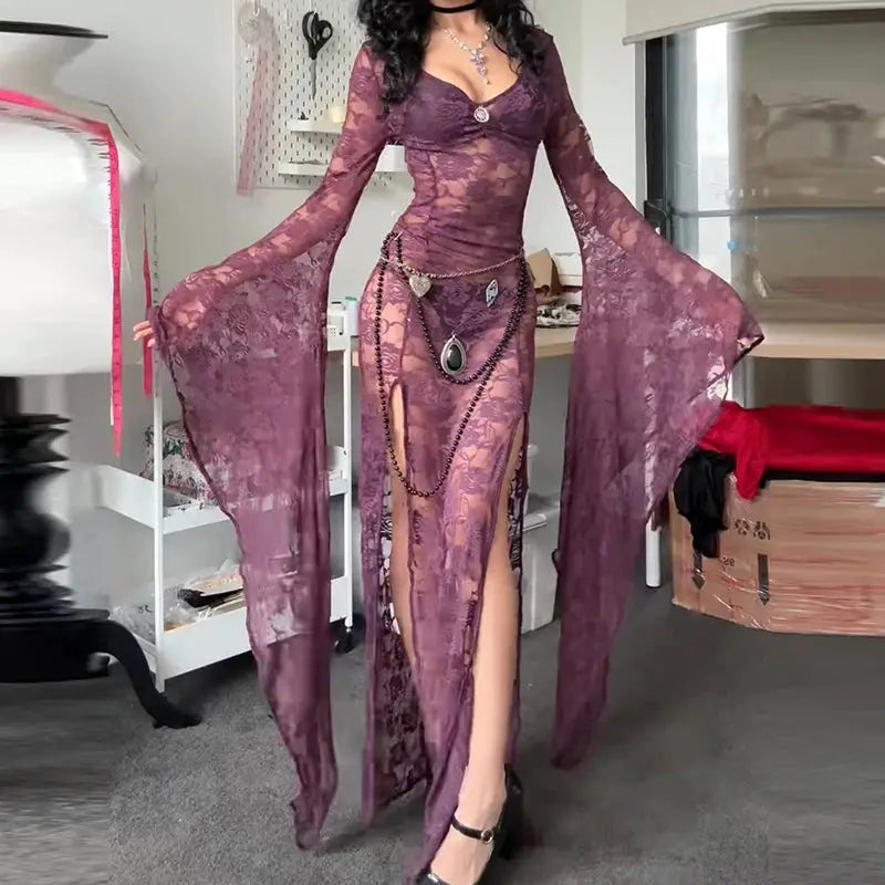E-girl Goth Punk Bodycon Slip Dress Women Sheer Lace Maxi Dress Bat Long Sleeve Y2k Fairy Grunge See Through Split Flowy Dress