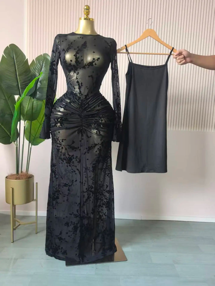 Elegant Sheer Mesh Evening Gown Long Sleeve Formal